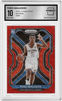 Theo Maledon from the 2020-21 Panini Prizm set featuring a Red Wave parallel graded by Arena Club and given an overall grade of 10.