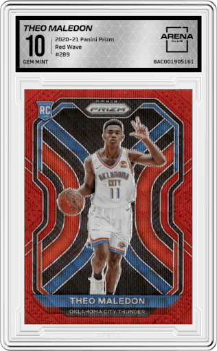 Theo Maledon from the 2020-21 Panini Prizm set featuring a Red Wave parallel graded by Arena Club and given an overall grade of 10.
