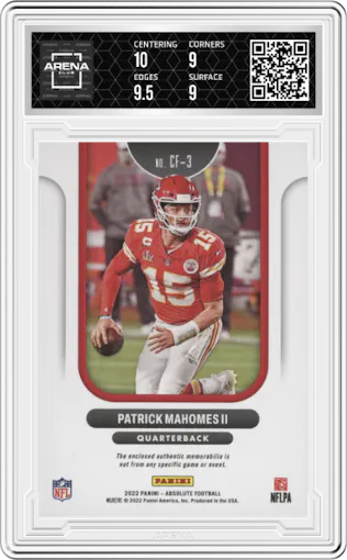 Patrick Mahomes II from the 2022 Panini Absolute set graded by Arena Club and given an overall grade of 9.5.