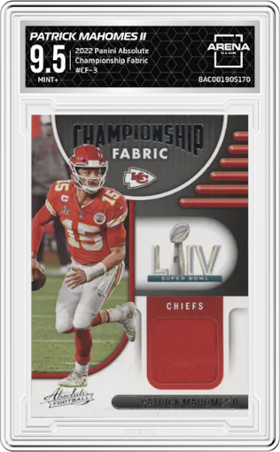 Patrick Mahomes II from the 2022 Panini Absolute set graded by Arena Club and given an overall grade of 9.5.