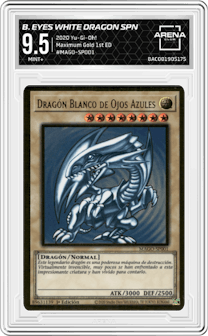 Blue-Eyes White Dragon Spanish from the 2020 Yu-Gi-Oh! set graded by Arena Club and given an overall grade of 9.5.