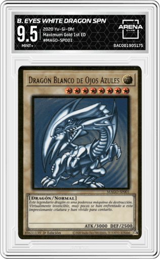 Blue-Eyes White Dragon Spanish from the 2020 Yu-Gi-Oh! set graded by Arena Club and given an overall grade of 9.5.