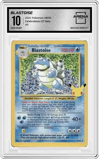 Blastoise from the 2021 Pokemon SWSH set graded by Arena Club and given an overall grade of 10.