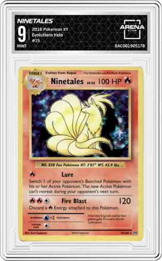Ninetales from the 2016 Pokemon XY set graded by Arena Club and given an overall grade of 9.