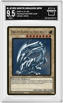 Blue-Eyes White Dragon Spanish from the 2020 Yu-Gi-Oh! set featuring a Premium Gold Rare parallel graded by Arena Club and given an overall grade of 9.5.