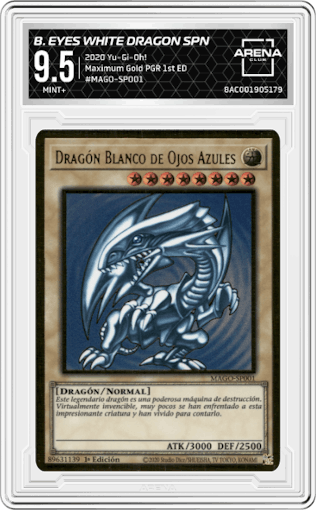 Blue-Eyes White Dragon Spanish from the 2020 Yu-Gi-Oh! set featuring a Premium Gold Rare parallel graded by Arena Club and given an overall grade of 9.5.