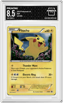 Pikachu from the 2015 Pokemon XY set graded by Arena Club and given an overall grade of 8.5.