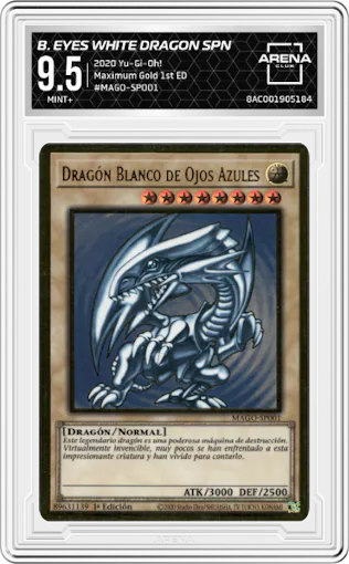 Blue-Eyes White Dragon Spanish from the 2020 Yu-Gi-Oh! set graded by Arena Club and given an overall grade of 9.5.