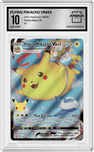 Flying Pikachu Vmax from the 2021 Pokemon SWSH set graded by Arena Club and given an overall grade of 10.