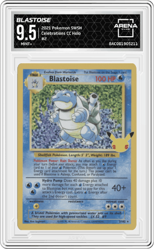Blastoise from the 2021 Pokemon SWSH set graded by Arena Club and given an overall grade of 9.5.