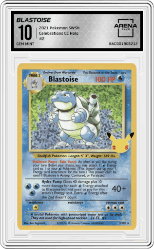 Blastoise from the 2021 Pokemon SWSH set graded by Arena Club and given an overall grade of 10.