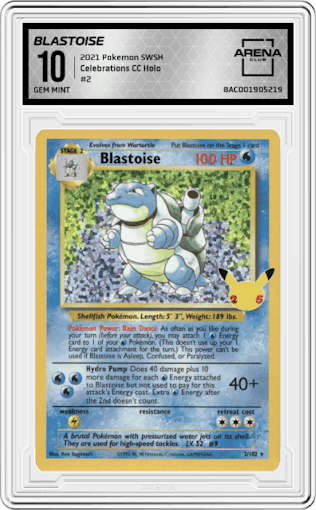 Blastoise from the 2021 Pokemon SWSH set graded by Arena Club and given an overall grade of 10.