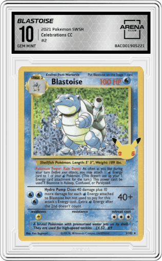 Blastoise from the 2021 Pokemon SWSH set graded by Arena Club and given an overall grade of 10.
