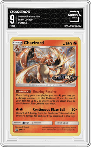 Charizard from the 2019 Pokemon S&M  set featuring a Team UP parallel graded by Arena Club and given an overall grade of 9.