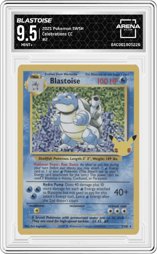 Blastoise from the 2021 Pokemon SWSH set graded by Arena Club and given an overall grade of 9.5.