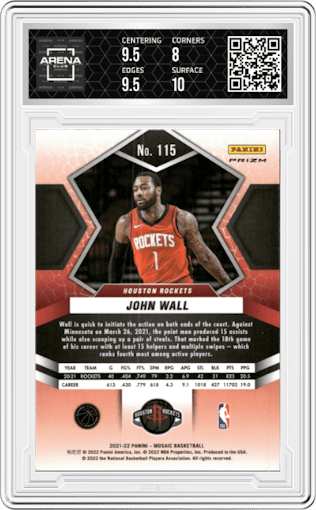 John Wall from the 2021-22 Panini Mosaic  set featuring a Silver Mosaic parallel graded by Arena Club and given an overall grade of 8.5.