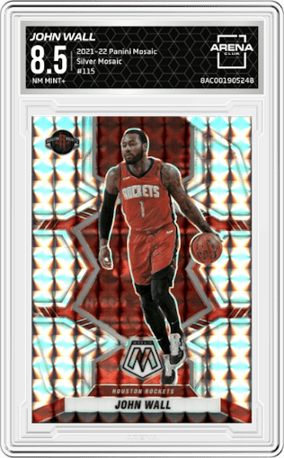 John Wall from the 2021-22 Panini Mosaic  set featuring a Silver Mosaic parallel graded by Arena Club and given an overall grade of 8.5.