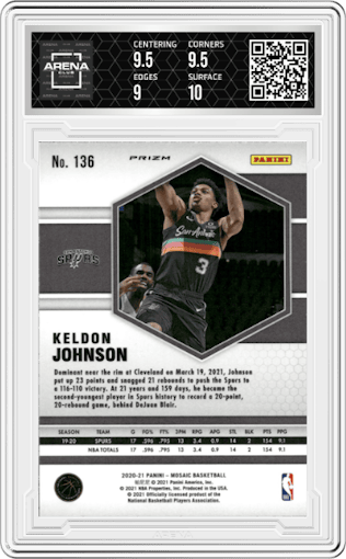 Keldon Johnson from the 2020-21 Panini Mosaic set featuring a Red Mosaic parallel graded by Arena Club and given an overall grade of 9.5.