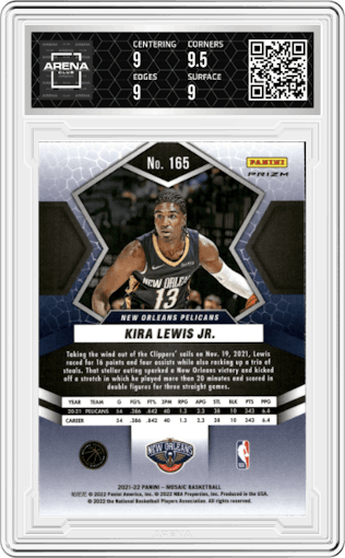 Kira Lewis Jr. from the 2021-22 Panini Mosaic  set featuring a Silver parallel graded by Arena Club and given an overall grade of 9.