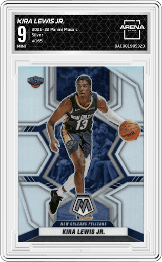 Kira Lewis Jr. from the 2021-22 Panini Mosaic  set featuring a Silver parallel graded by Arena Club and given an overall grade of 9.