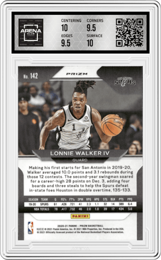 Lonnie Walker IV from the 2020-21 Panini Prizm set featuring a Silver Prizm parallel graded by Arena Club and given an overall grade of 10.