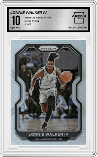 Lonnie Walker IV from the 2020-21 Panini Prizm set featuring a Silver Prizm parallel graded by Arena Club and given an overall grade of 10.