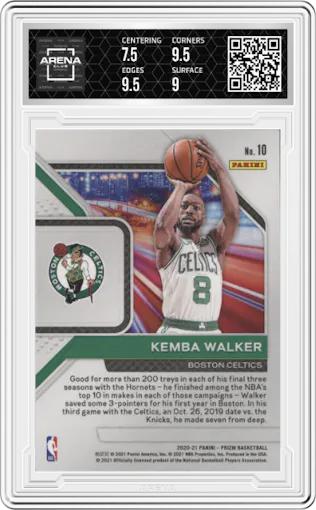 Kemba Walker from the 2020-21 Panini Prizm set graded by Arena Club and given an overall grade of 8.