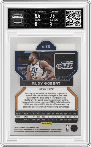 Rudy Gobert from the 2021-22 Panini Prizm  set graded by Arena Club and given an overall grade of 9.5.