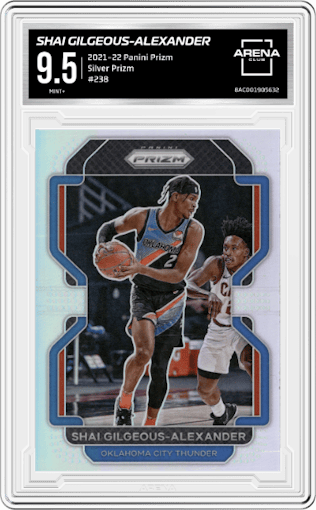 Shai Gilgeous-Alexander from the 2021-22 Panini Prizm  set featuring a Silver Prizm parallel graded by Arena Club and given an overall grade of 9.5.