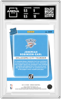 Jeremiah Robinson-Earl from the 2021-22 Panini Donruss set graded by Arena Club and given an overall grade of 9.5.