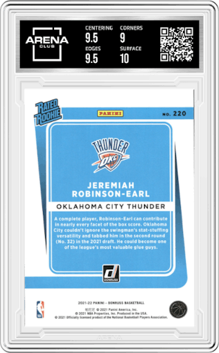 Jeremiah Robinson-Earl from the 2021-22 Panini Donruss set graded by Arena Club and given an overall grade of 9.5.