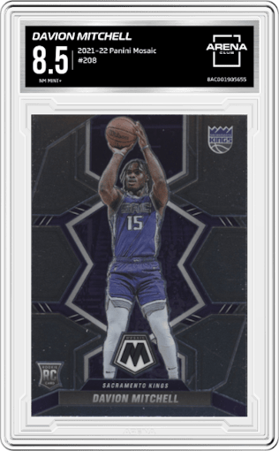 Davion Mitchell from the 2021-22 Panini Mosaic  set graded by Arena Club and given an overall grade of 8.5.