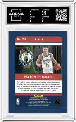 Payton Pritchard from the 2020-21 Panini Chronicles set graded by Arena Club and given an overall grade of 9.