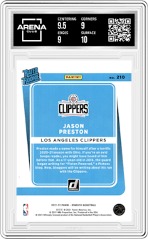 Jason Preston from the 2021-22 Panini Donruss set graded by Arena Club and given an overall grade of 9.5.