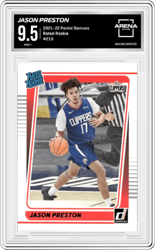 Jason Preston from the 2021-22 Panini Donruss set graded by Arena Club and given an overall grade of 9.5.