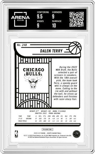 Dalen Terry from the 2022-23 Panini NBA Hoops set graded by Arena Club and given an overall grade of 9.5.