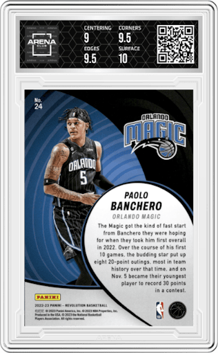 Paolo Banchero from the 2022-23 Panini Revolution  set graded by Arena Club and given an overall grade of 9.5.