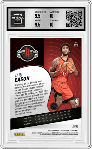 Tari Eason from the 2022-23 Panini Revolution  set featuring a Astro parallel graded by Arena Club and given an overall grade of 10.