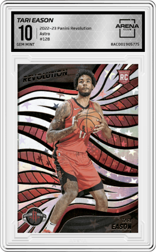 Tari Eason from the 2022-23 Panini Revolution  set featuring a Astro parallel graded by Arena Club and given an overall grade of 10.