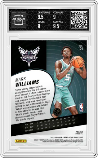 Mark Williams from the 2022-23 Panini Revolution  set featuring a Groove parallel graded by Arena Club and given an overall grade of 9.5.
