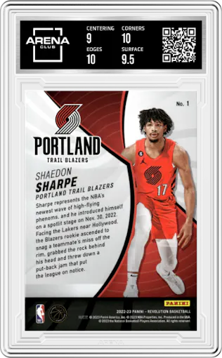 Shaedon Sharpe from the 2022-23 Panini Revolution  set graded by Arena Club and given an overall grade of 9.5.