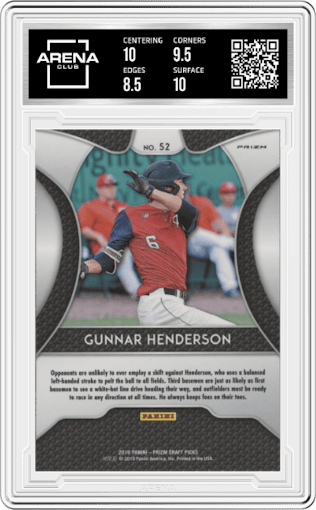 Gunnar Henderson from the 2019 Panini Prizm Draft Picks set featuring a Silver Prizm parallel graded by Arena Club and given an overall grade of 9.