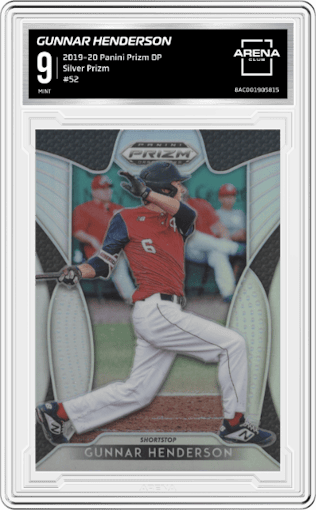 Gunnar Henderson from the 2019 Panini Prizm Draft Picks set featuring a Silver Prizm parallel graded by Arena Club and given an overall grade of 9.