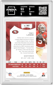 Trey Lance from the 2021 Panini Playoff set graded by Arena Club and given an overall grade of 9.5.