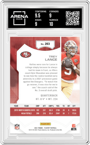 Trey Lance from the 2021 Panini Playoff set graded by Arena Club and given an overall grade of 9.5.