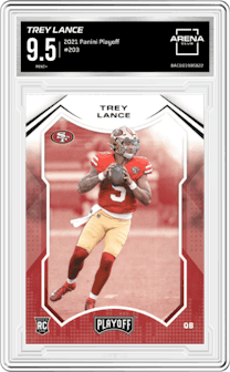 Trey Lance from the 2021 Panini Playoff set graded by Arena Club and given an overall grade of 9.5.