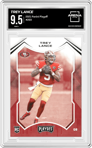 Trey Lance from the 2021 Panini Playoff set graded by Arena Club and given an overall grade of 9.5.