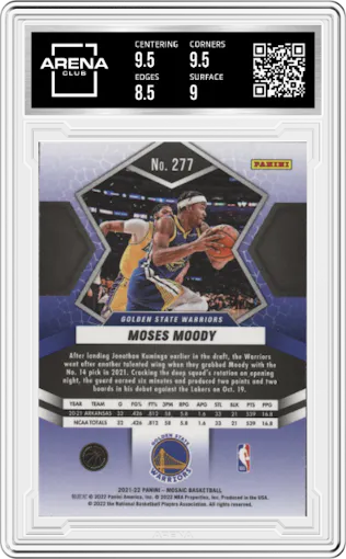 Moses Moody from the 2021-22 Panini Mosaic  set graded by Arena Club and given an overall grade of 9.
