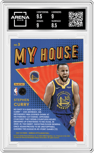 Stephen Curry from the 2021-22 Panini Donruss Optic set graded by Arena Club and given an overall grade of 9.