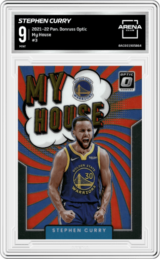 Stephen Curry from the 2021-22 Panini Donruss Optic set graded by Arena Club and given an overall grade of 9.